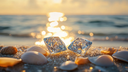 Sunlight reflects off two diamonds placed on a beach, surrounded by seashells and a calm sea backdropの素材