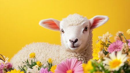 A cheerful Easter image featuring a playful lamb surrounded by vibrant spring flowers, with clear space for textの素材
