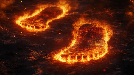 Flaming footsteps mark a dark path, symbolizing power, determination, and the blazing impact of an unstoppable forceの素材