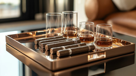 Multiple cigars resting on a polished tray, surrounded by fine whiskey glasses, capturing the essence of luxury and indulgenceの素材