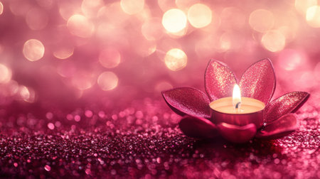 A flower-shaped candle glowing warmly on a sparkling pink background, creating a serene ambiance with space for textの素材