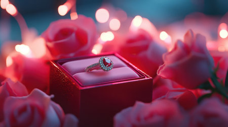 A close-up of an engagement ring in a red box, surrounded by pink roses and glowing lights, evoking love and celebrationの素材