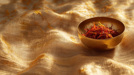 Vibrant saffron threads spilling from a small golden bowl, showcased on a textured cloth, emphasizing their premium and aromatic qualityの素材