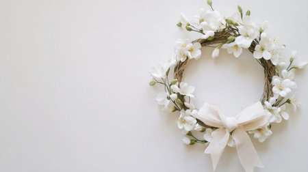 A charming white flower wreath with a decorative bow, photographed from above on a clean white backdrop with copy spaceの素材