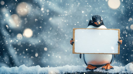 A playful penguin showcasing a blank sign in a frosty winter landscape, with sparkling snowflakes and copy spaceの素材