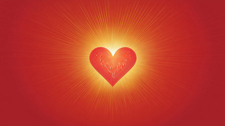 A stylized red heartbeat line creating a heart design, set on a radiant red background for love and health symbolismの素材