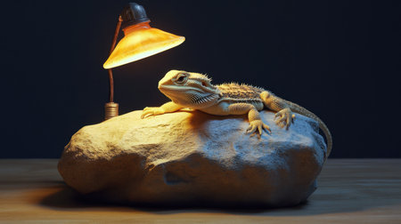 A bearded dragon basking under a heat lamp on a decorative rock.の素材
