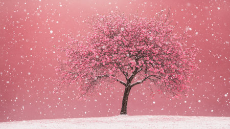 A blooming tree surrounded by snow, its vivid pink flowers glowing against a bold pink backdrop.の素材