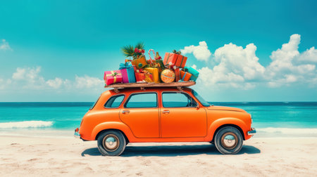 A bright orange retro car overloaded with holiday accessories, creating a fun and whimsical summer vibe.の素材