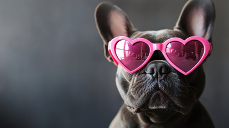 A fashionable French Bulldog striking a confident pose, with heart-shaped pink sunglasses stealing the spotlight.の素材