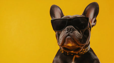 A chic French Bulldog wearing sunglasses, sitting proudly in a modern studio setup with subtle lighting.の素材