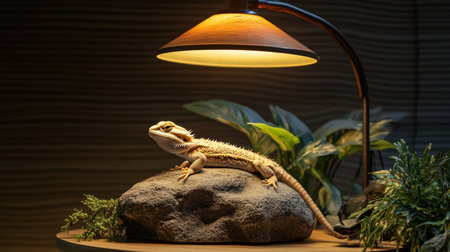 A bearded dragon basking under a heat lamp on a decorative rock.の素材