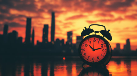 A classic alarm clock silhouetted against a vibrant city skyline at sunset, with warm hues in the background.の素材