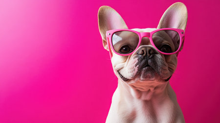 A French Bulldog sporting trendy pink sunglasses, its playful expression glowing against a bright pink studio backdrop.の素材