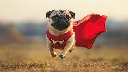 A pug wearing a superhero costume with a cape fluttering in the wind.の素材