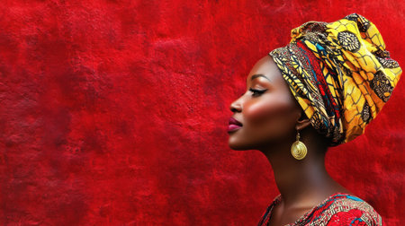 An elegant African woman in traditional attire, her vibrant headwrap complementing the deep red textured wall behind her.の素材