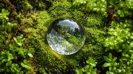 Clear water droplet on vivid green moss, capturing nature's microscopic wonders and environmental purity.の素材