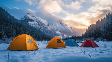 Camping tents on a snowy meadow, their bright colors contrasting with the surrounding mountains and serene winter scenery.の素材