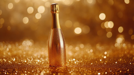 Golden bottle of champagne placed on a glittery gold backdrop with warm bokeh light accents.の素材