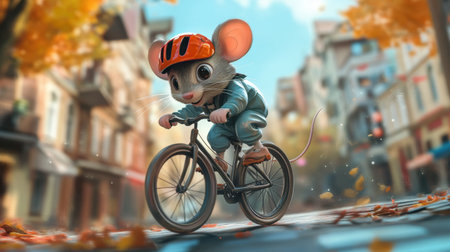 A playful mouse on a bicycle wearing a tiny helmet, cruising through a cartoon cityscapeの素材