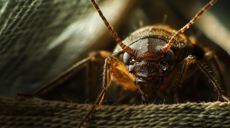 Bedbug close-up against a fabric background, providing detailed imagery for pest-related themesの素材