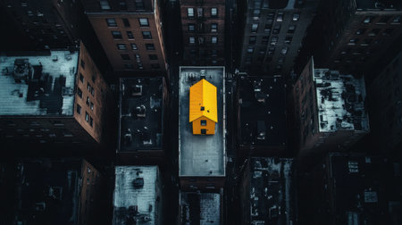 Aerial shot of a yellow house amidst dark buildings, highlighting individuality and making a bold visual statementの素材
