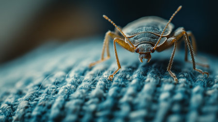 Bedbug close-up against a fabric background, providing detailed imagery for pest-related themesの素材