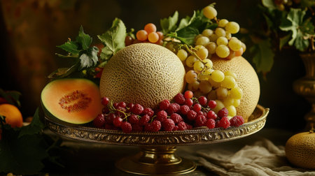 An elegant fruit platter with melons, berries, and grapes, styled for a luxury catering advertisementの素材
