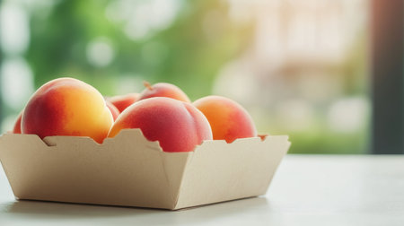 Close-up of juicy organic peaches nestled in a simple paper box, perfect for summer food and farmer market themesの素材
