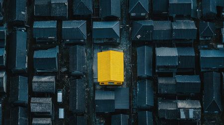 Contrast aerial view of a single yellow house surrounded by rows of black houses, emphasizing uniqueness and creativityの素材