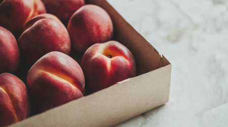 Close-up of juicy organic peaches nestled in a simple paper box, perfect for summer food and farmer market themesの素材