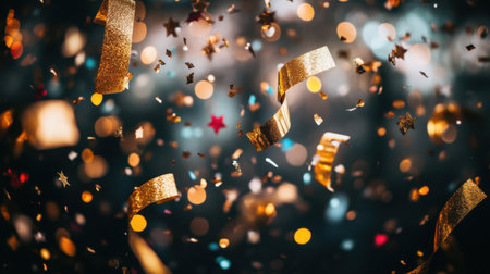 Glittery golden streamers and confetti scattered with stars and lights, creating a magical celebration atmosphere.の素材
