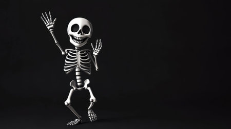 Cute and happy skeleton character in a playful pose, waving with a big grin on a stark black backgroundの素材
