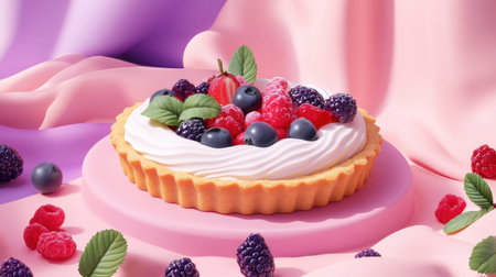 Elegant dessert scene featuring a cream cheese tart, topped with colorful berries and mint leaves on a pastel backgroundの素材