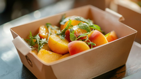 Close-up of juicy organic peaches nestled in a simple paper box, perfect for summer food and farmer market themesの素材