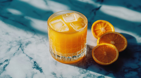 Freshly squeezed orange juice in a glass with orange slices on the side, emphasizing natural refreshmentの素材