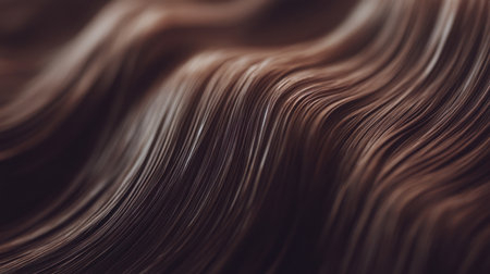 Macro shot of wavy brown hair strands, showcasing luxurious texture and shine, ideal for hair care and beauty conceptsの素材