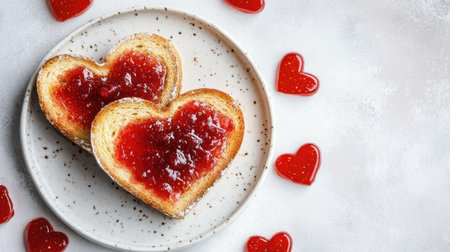 Romantic breakfast idea with toast and heart-shaped jam, styled on a clean, light backgroundの素材