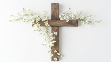 Natural wooden cross with white blooms, captured in a serene arrangement against a crisp white backgroundの素材
