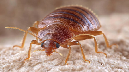 Tiny bedbug on a bed sheet, detailed in a clean and focused close-up for awareness and educational themesの素材