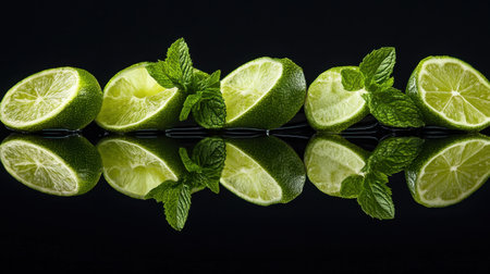 Slices of lime and mint leaves on a reflective surface, emphasizing refreshing and zesty flavorsの素材