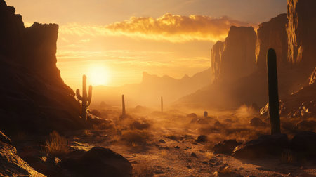 Wild West landscape featuring a dramatic sunset, silhouetted cacti, and rocky terrain bathed in warm lightの素材