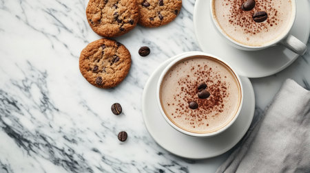 Top view of cappuccino on a marble tabletop, accompanied by cookies and a napkin.の素材
