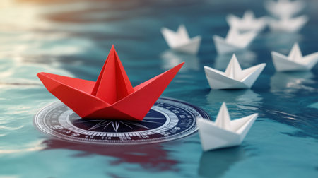 A bright red paper boat centered on a compass, guiding small white paper boats through calm waters in a leadership themeの素材