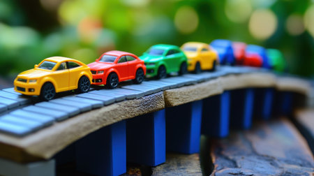 A set of colorful toy cars lined up on a miniature bridge made of building blocks, showcasing creativityの素材