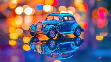 A shiny blue toy car reflected on a glass surface, with a colorful blurred backgroundの素材