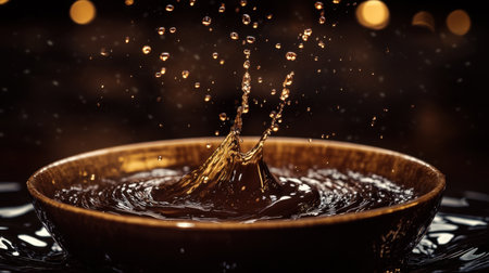 Velvety chocolate splash in motion, filling a bowl with ripples and drops captured against a rich dark backdropの素材
