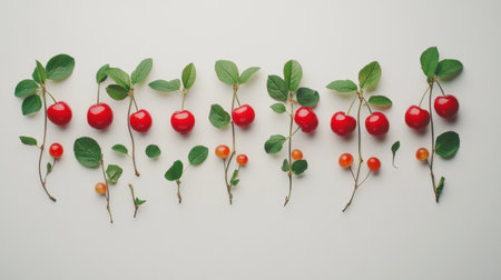 Bright red cherries with tiny stems and leaves, placed neatly on a white background for a natural and fresh appealの素材