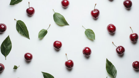 Glossy cherries with leaves, presented in a minimalist style on a pure white background with precise lightingの素材
