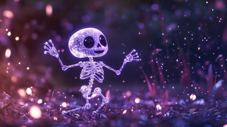 Adorable waving skeleton with expressive features, glowing white bones contrasted against the dark backgroundの素材